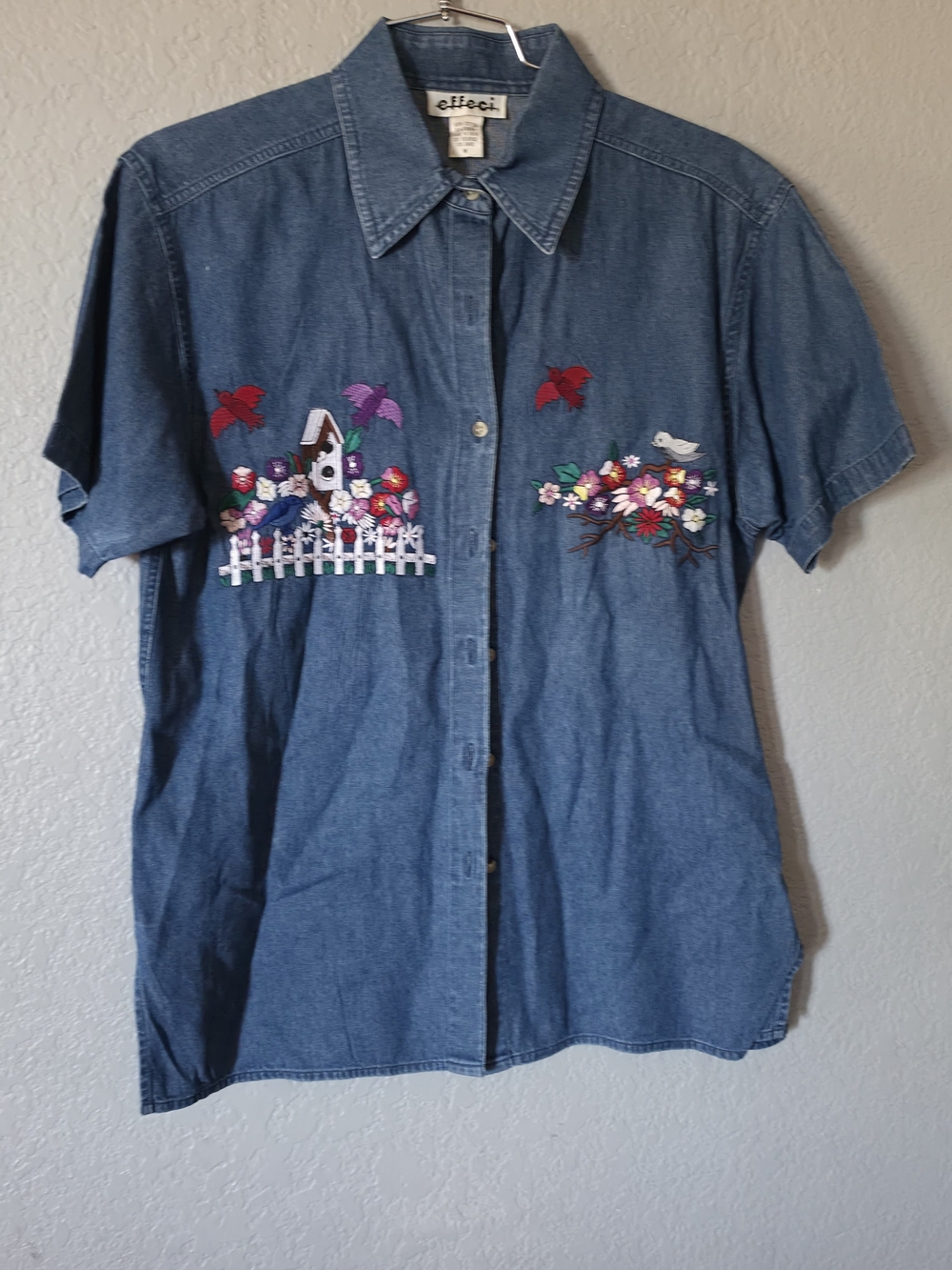 Effeci Denim Button-Down Shirt with Floral Embroidery - Blue